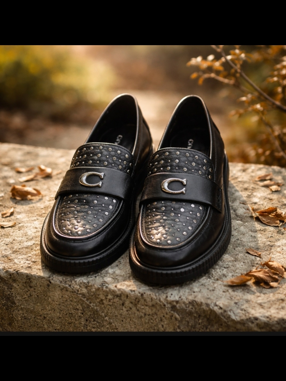 Coach Leela Black Leather Loafer  w/ silver-tone metal studs And Metal Logo Sz 9 - Picture 12 of 12